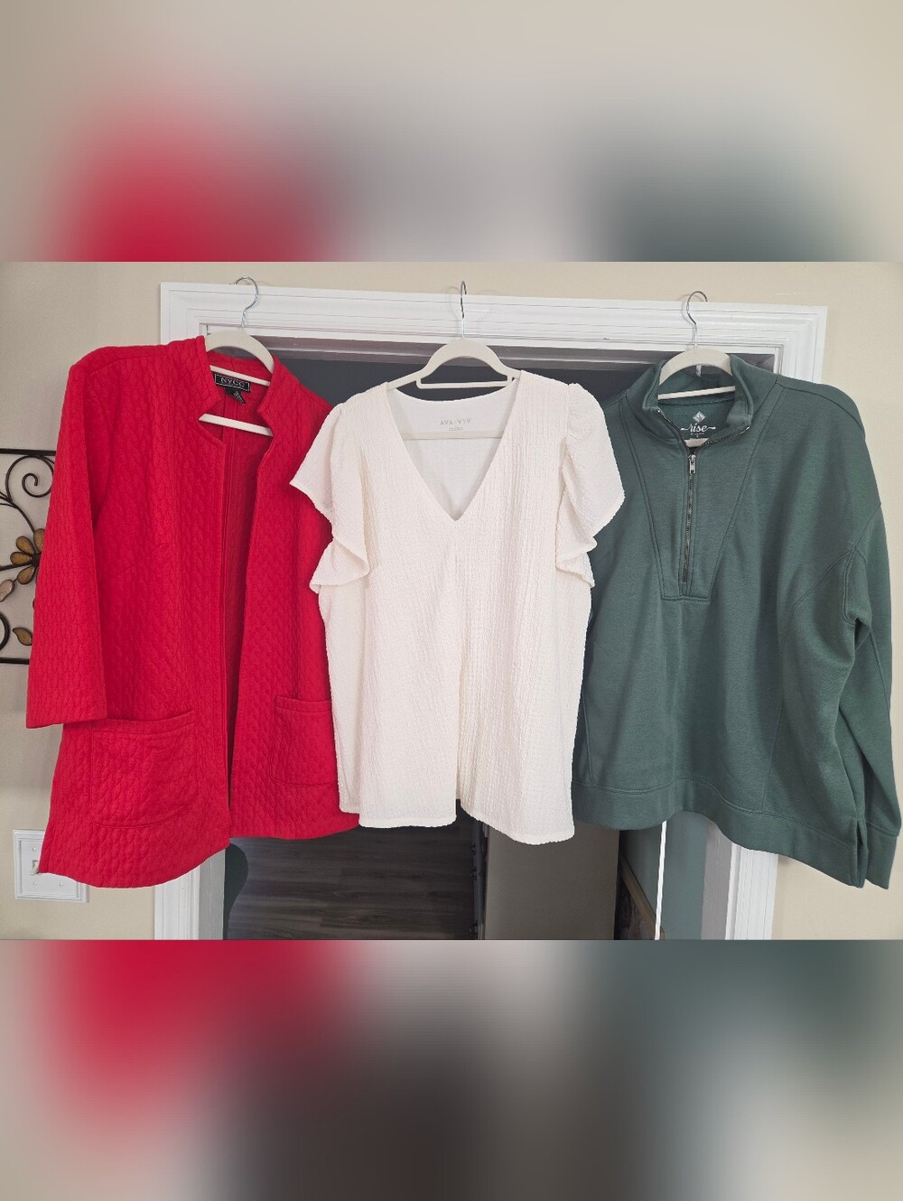 NYCC Women's Red Quilted OpenBlazer-Ivory Flutter Sl Top-Green Pullon Sweatshirt